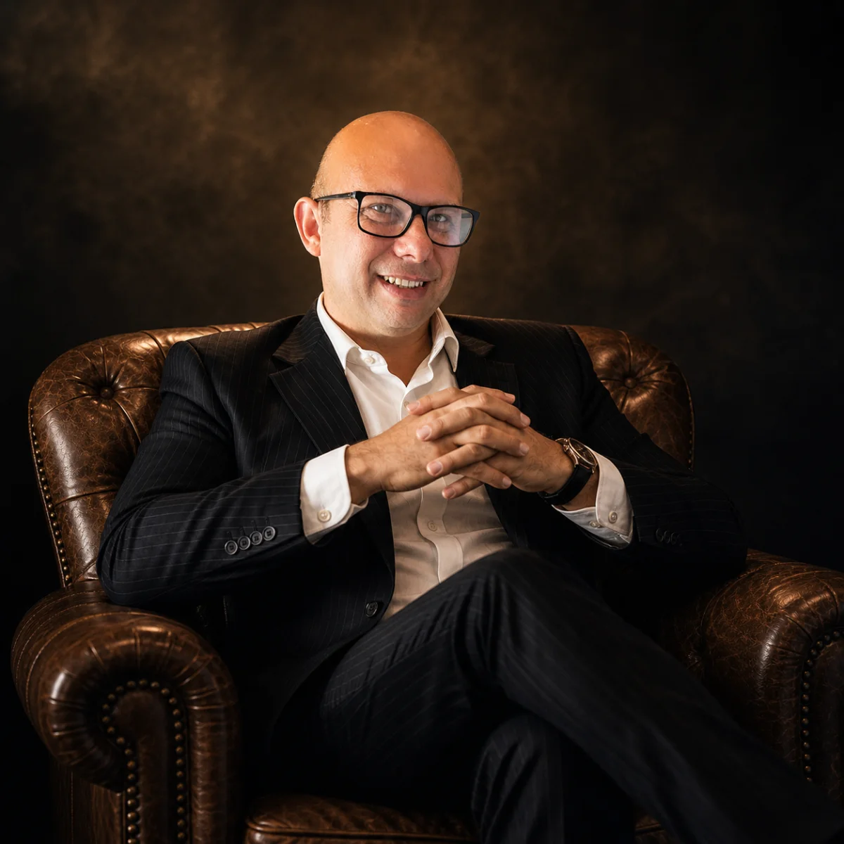 Retrato de Lázaro Manzepi sentado em poltrona Chesterfield, em fundo escuro